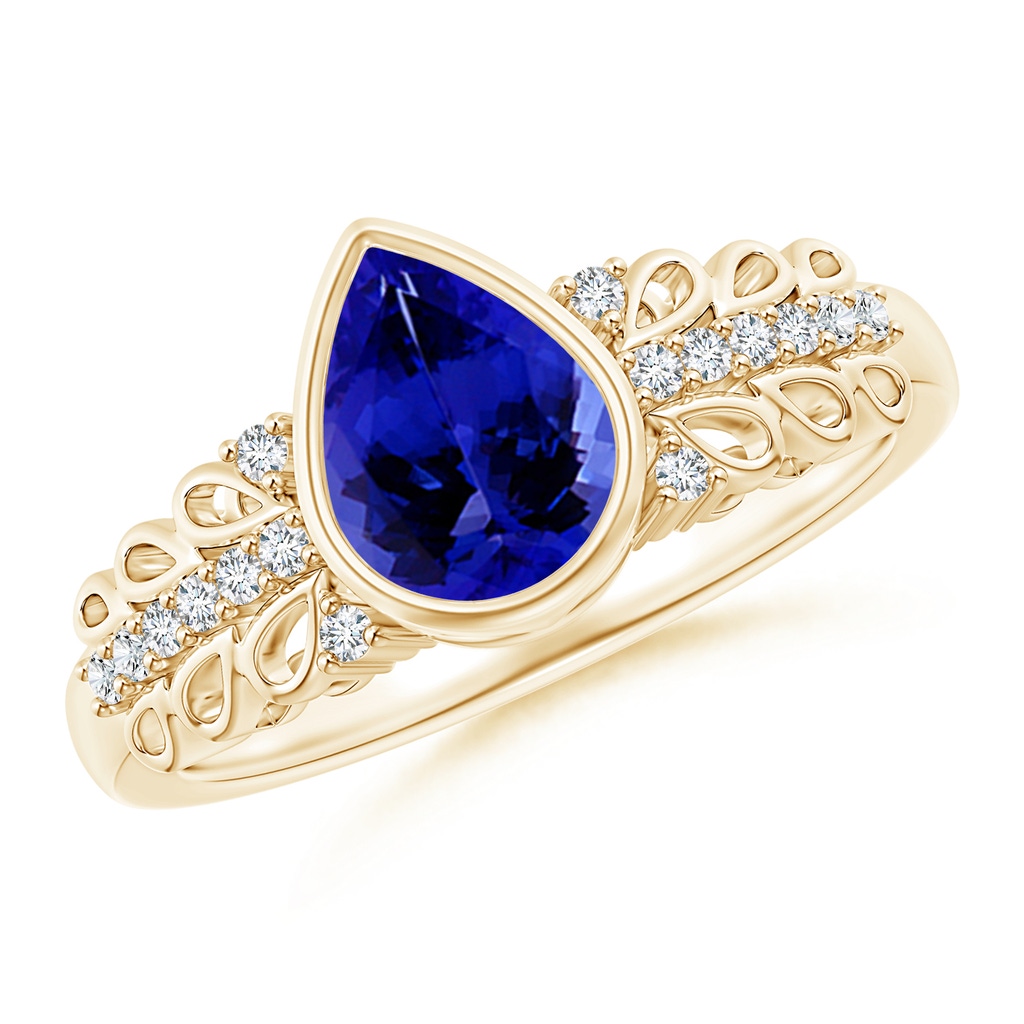 8x6mm AAAA Pear Tanzanite Vintage Style Ring with Diamond Accents in Yellow Gold