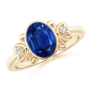 8x6mm AAA Vintage Inspired Bezel-Set Sapphire Ring with Diamonds in Yellow Gold