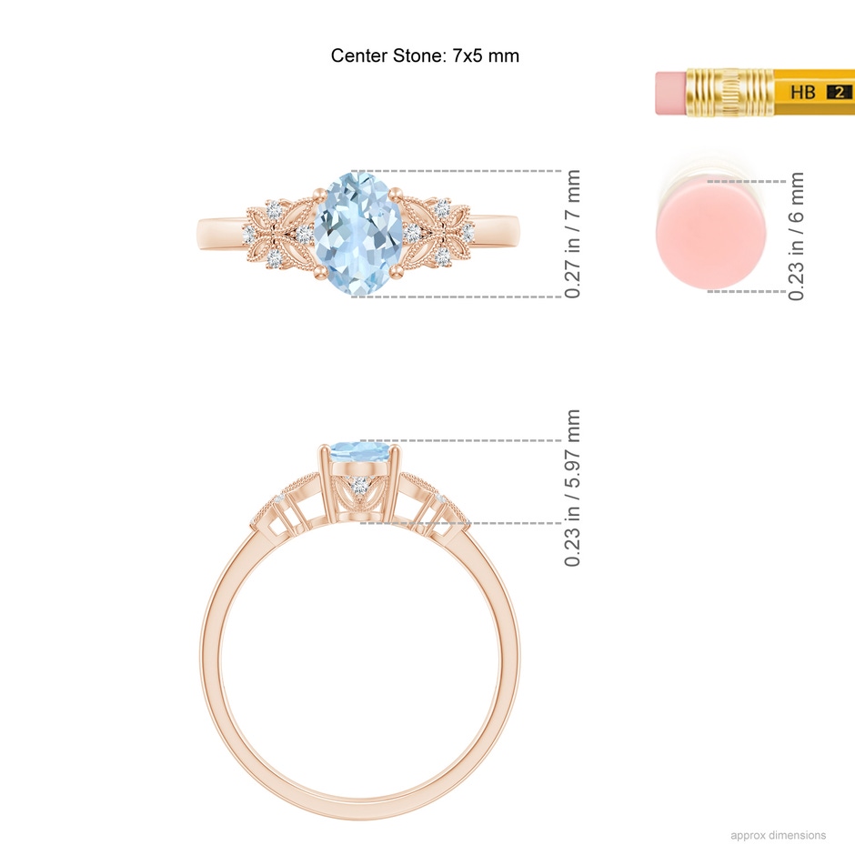 7x5mm AA Vintage Style Oval Aquamarine Ring with Diamonds in Rose Gold ruler