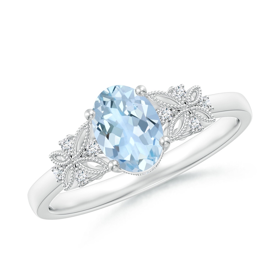 7x5mm AA Vintage Style Oval Aquamarine Ring with Diamonds in White Gold 