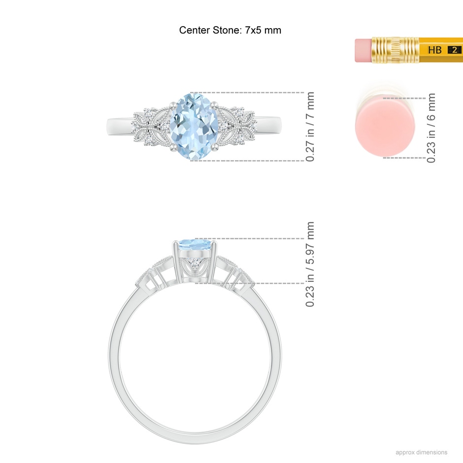 7x5mm AA Vintage Style Oval Aquamarine Ring with Diamonds in White Gold Ruler
