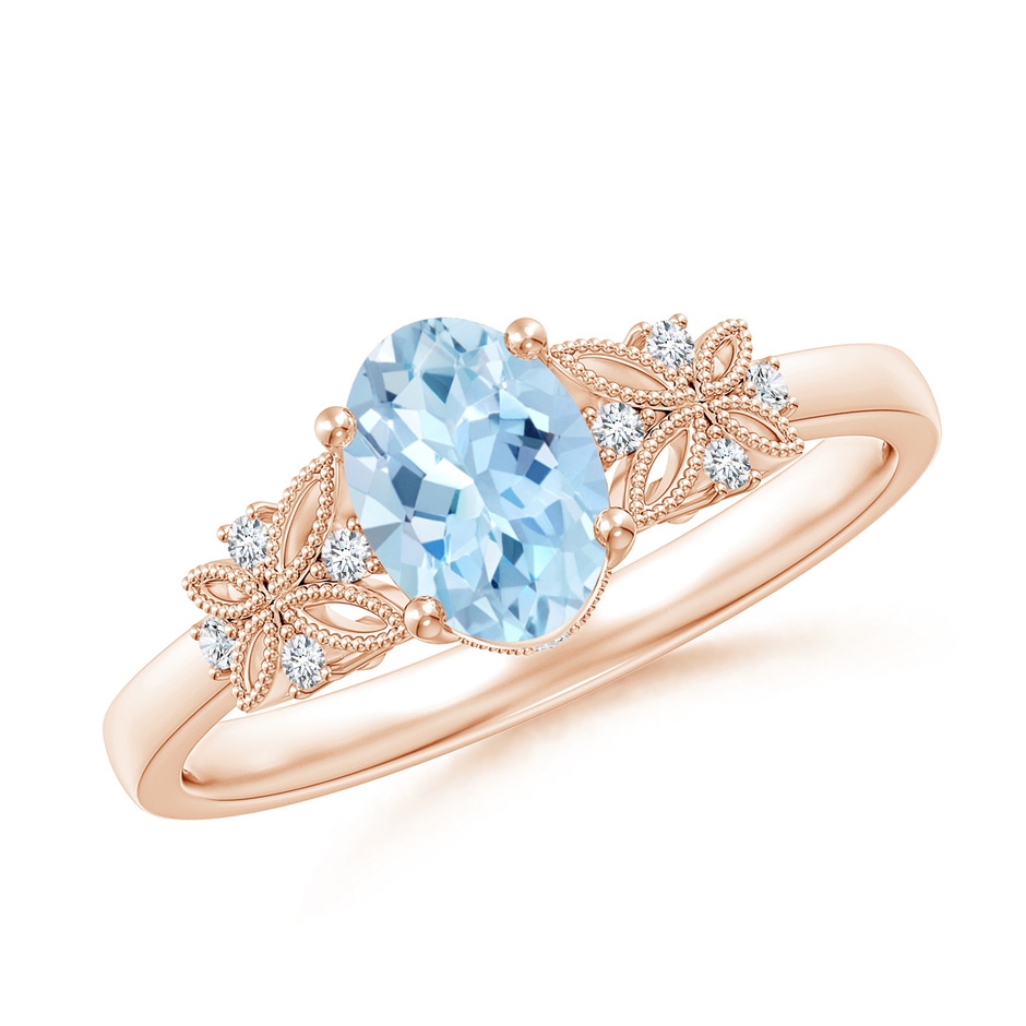 7x5mm AAA Vintage Style Oval Aquamarine Ring with Diamonds in Rose Gold 