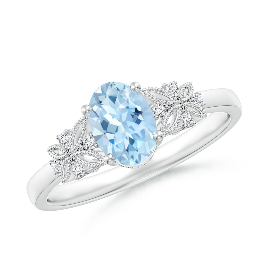 7x5mm AAA Vintage Style Oval Aquamarine Ring with Diamonds in White Gold