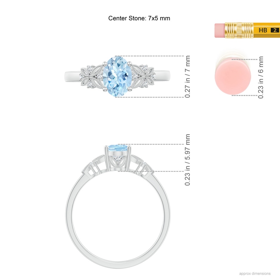 7x5mm AAA Vintage Style Oval Aquamarine Ring with Diamonds in White Gold Ruler