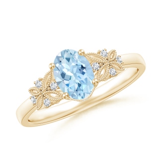 7x5mm AAA Vintage Style Oval Aquamarine Ring with Diamonds in Yellow Gold