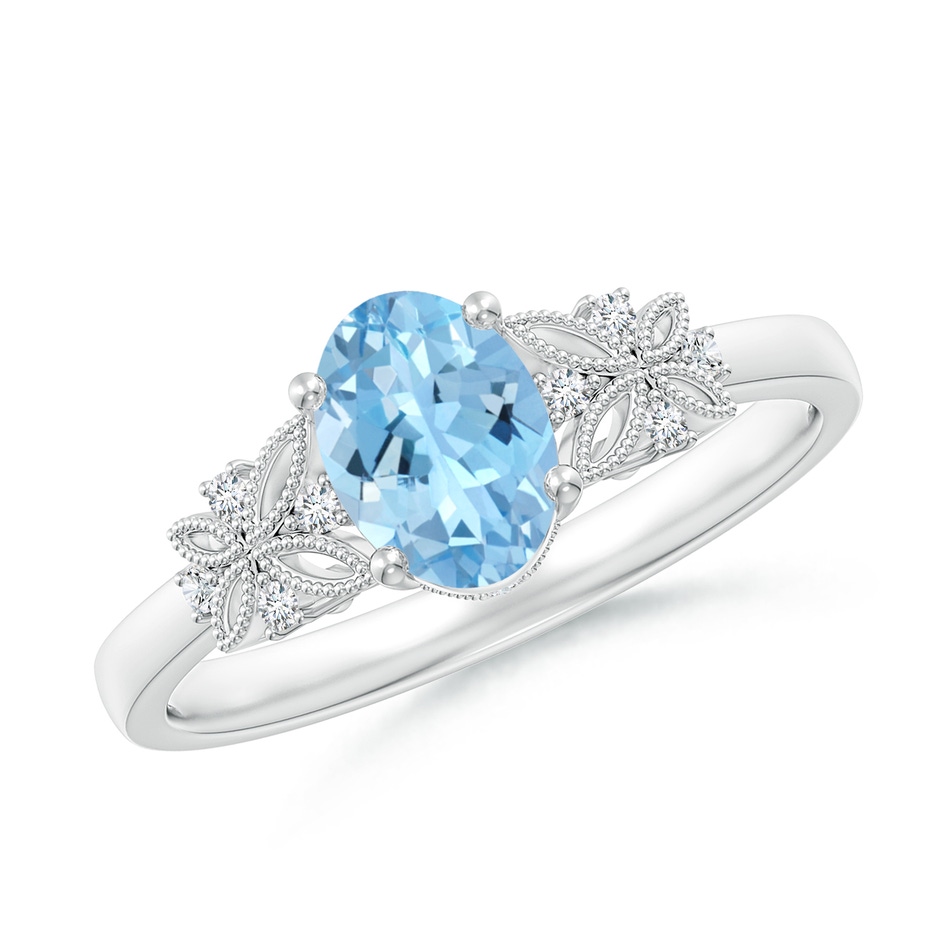7x5mm AAAA Vintage Style Oval Aquamarine Ring with Diamonds in P950 Platinum 