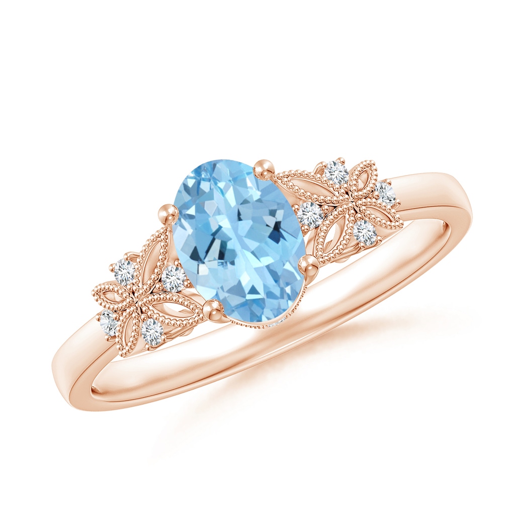 7x5mm AAAA Vintage Style Oval Aquamarine Ring with Diamonds in Rose Gold