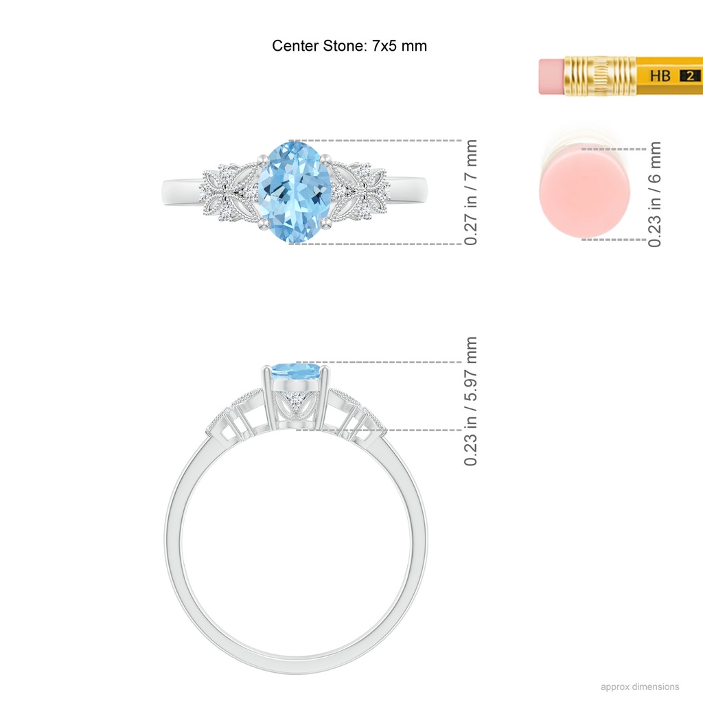 7x5mm AAAA Vintage Style Oval Aquamarine Ring with Diamonds in White Gold Ruler