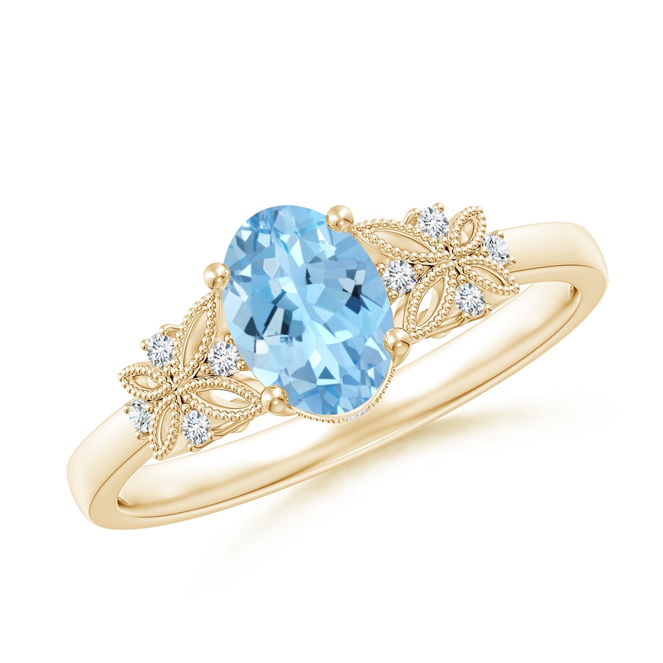 7x5mm AAAA Vintage Style Oval Aquamarine Ring with Diamonds in Yellow Gold 