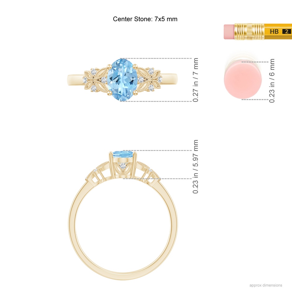7x5mm AAAA Vintage Style Oval Aquamarine Ring with Diamonds in Yellow Gold ruler