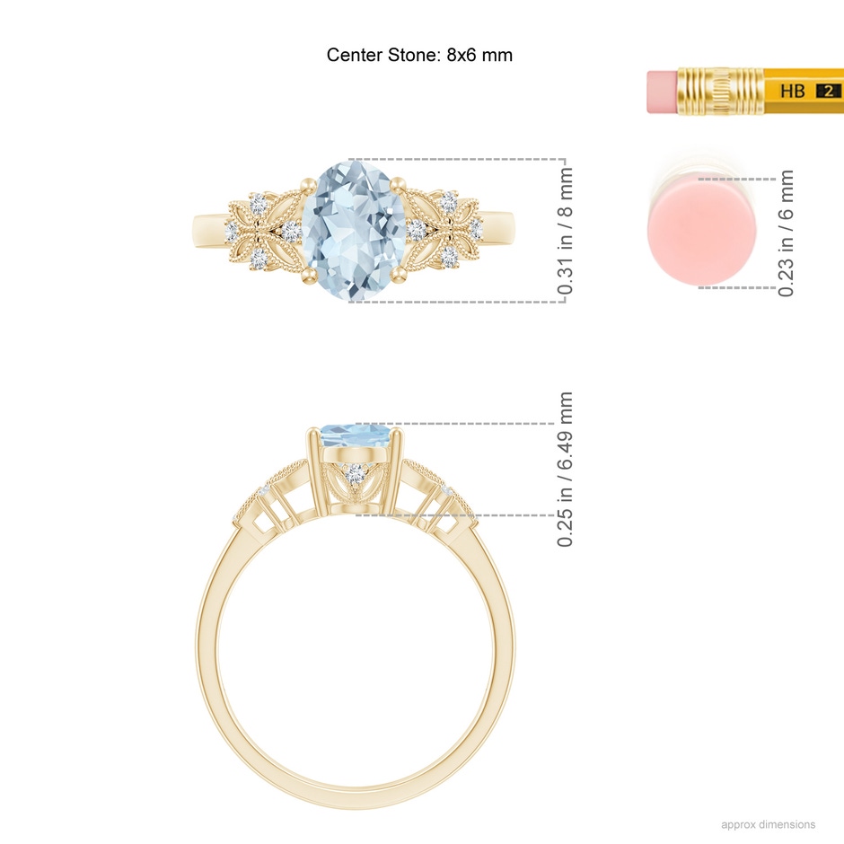 8x6mm A Vintage Style Oval Aquamarine Ring with Diamonds in Yellow Gold Ruler