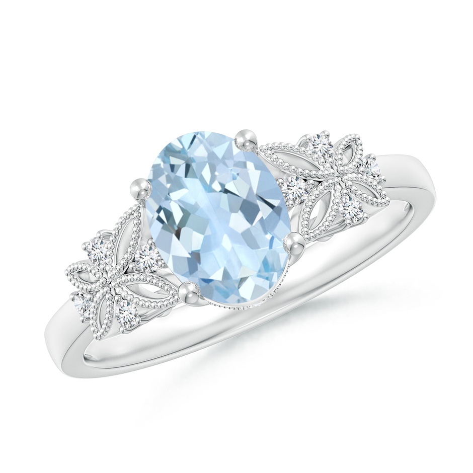 8x6mm AA Vintage Style Oval Aquamarine Ring with Diamonds in White Gold 