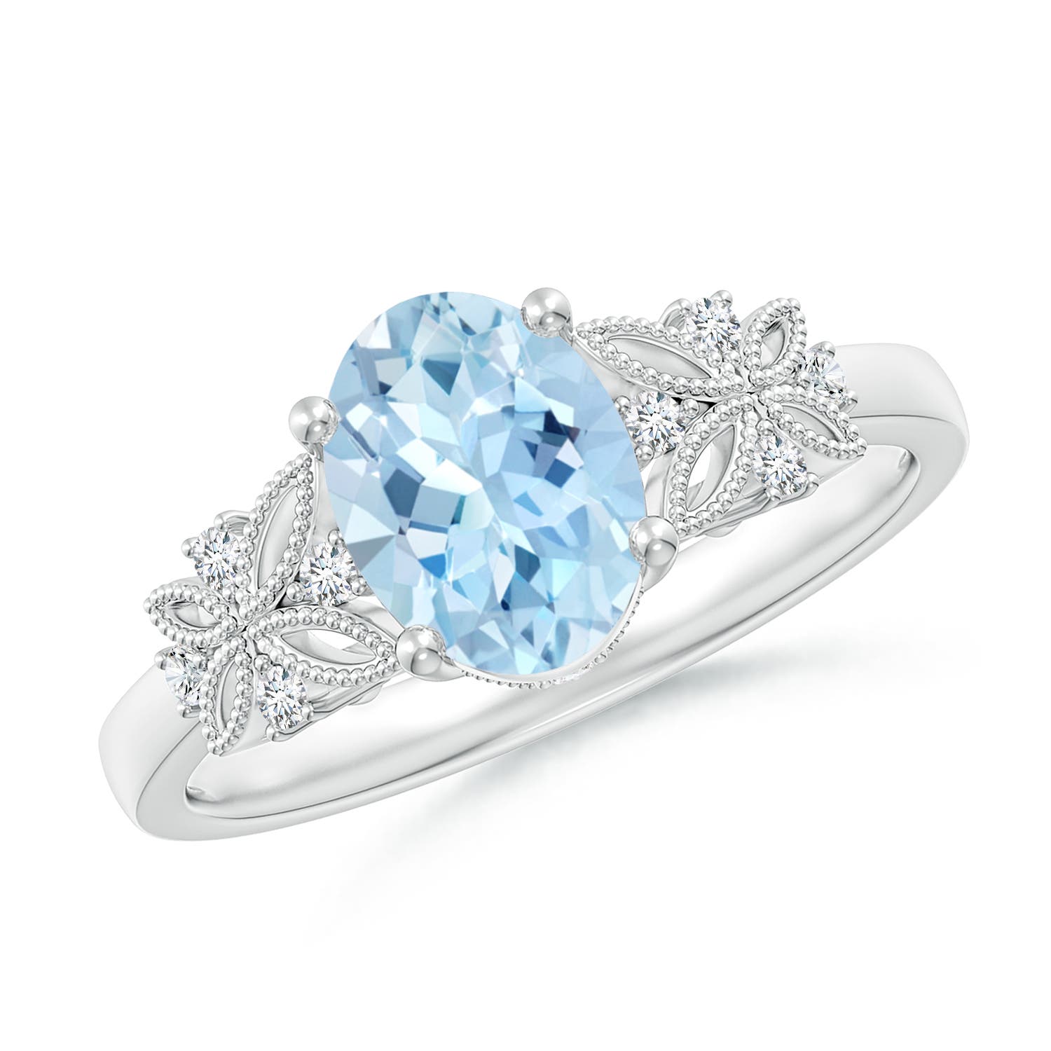 8x6mm AAA Vintage Style Oval Aquamarine Ring with Diamonds in P950 Platinum