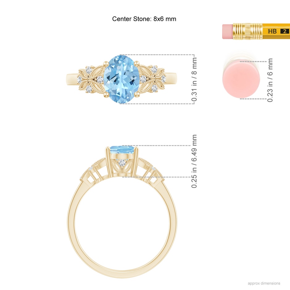 8x6mm AAAA Vintage Style Oval Aquamarine Ring with Diamonds in Yellow Gold ruler