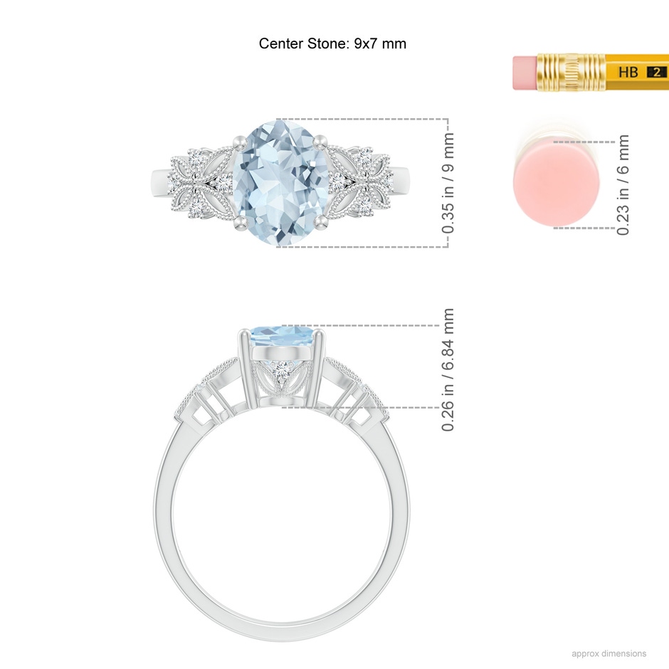 9x7mm A Vintage Style Oval Aquamarine Ring with Diamonds in White Gold Ruler