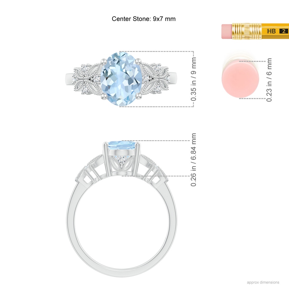 9x7mm AA Vintage Style Oval Aquamarine Ring with Diamonds in White Gold ruler