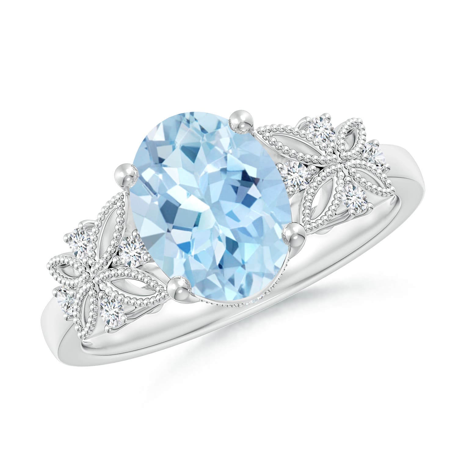 9x7mm AAA Vintage Style Oval Aquamarine Ring with Diamonds in P950 Platinum
