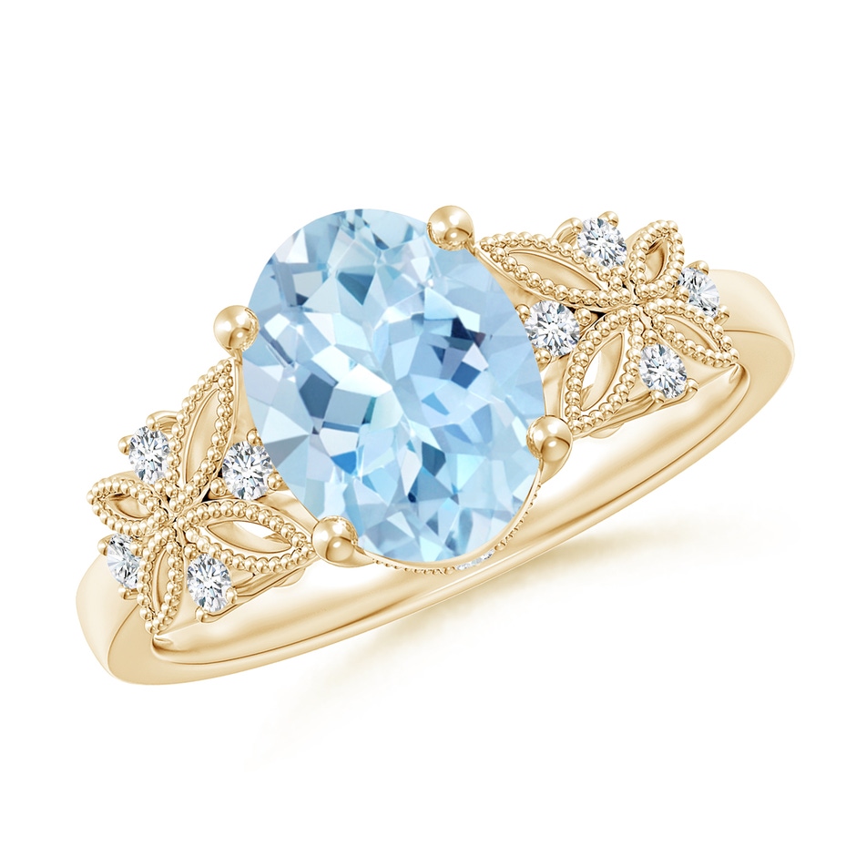 9x7mm AAA Vintage Style Oval Aquamarine Ring with Diamonds in Yellow Gold 