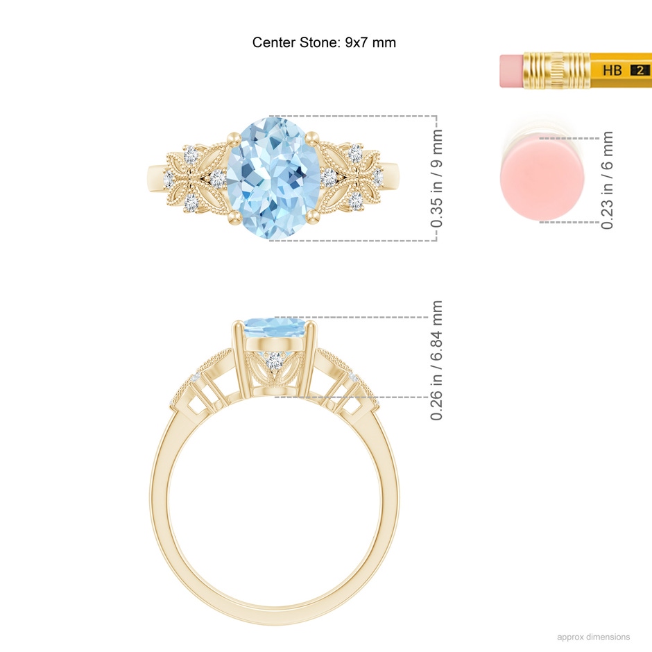 9x7mm AAA Vintage Style Oval Aquamarine Ring with Diamonds in Yellow Gold ruler