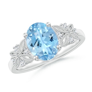 9x7mm AAAA Vintage Style Oval Aquamarine Ring with Diamonds in P950 Platinum