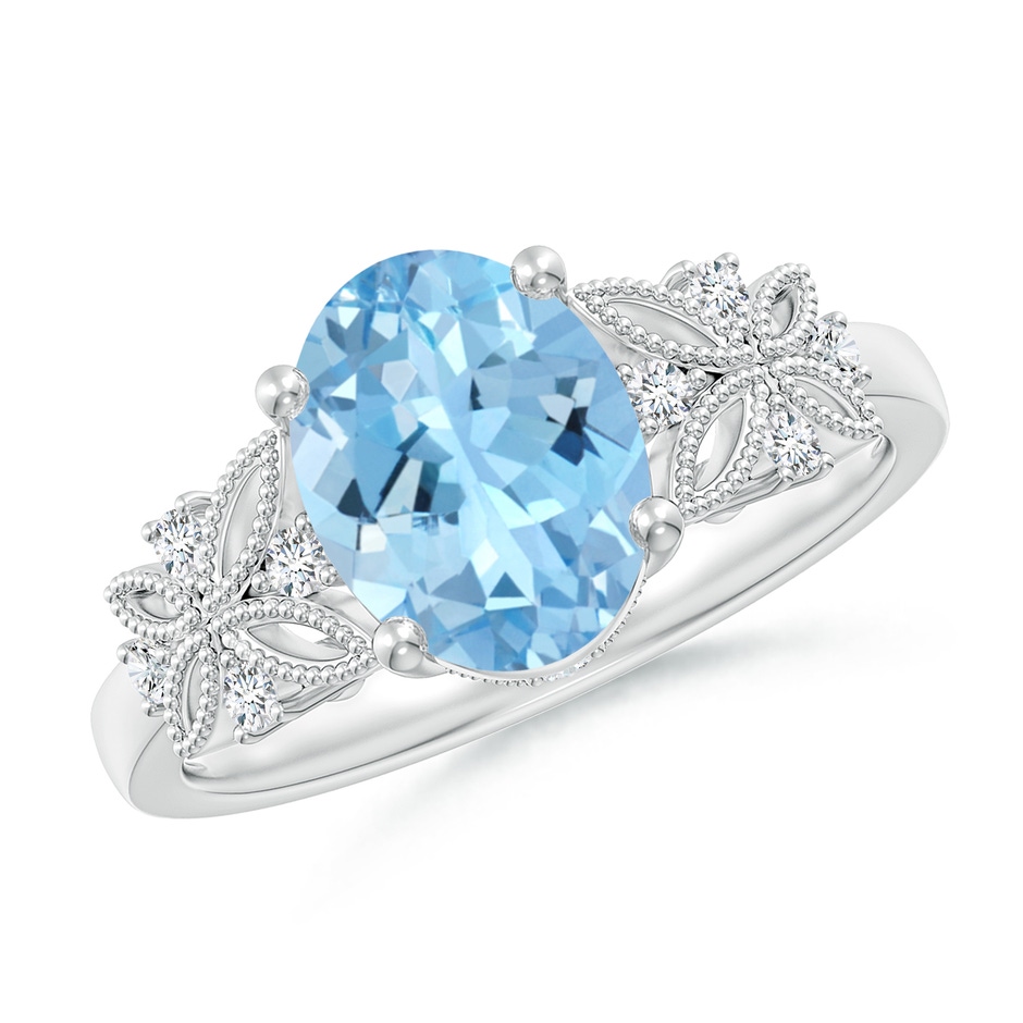 9x7mm AAAA Vintage Style Oval Aquamarine Ring with Diamonds in White Gold 