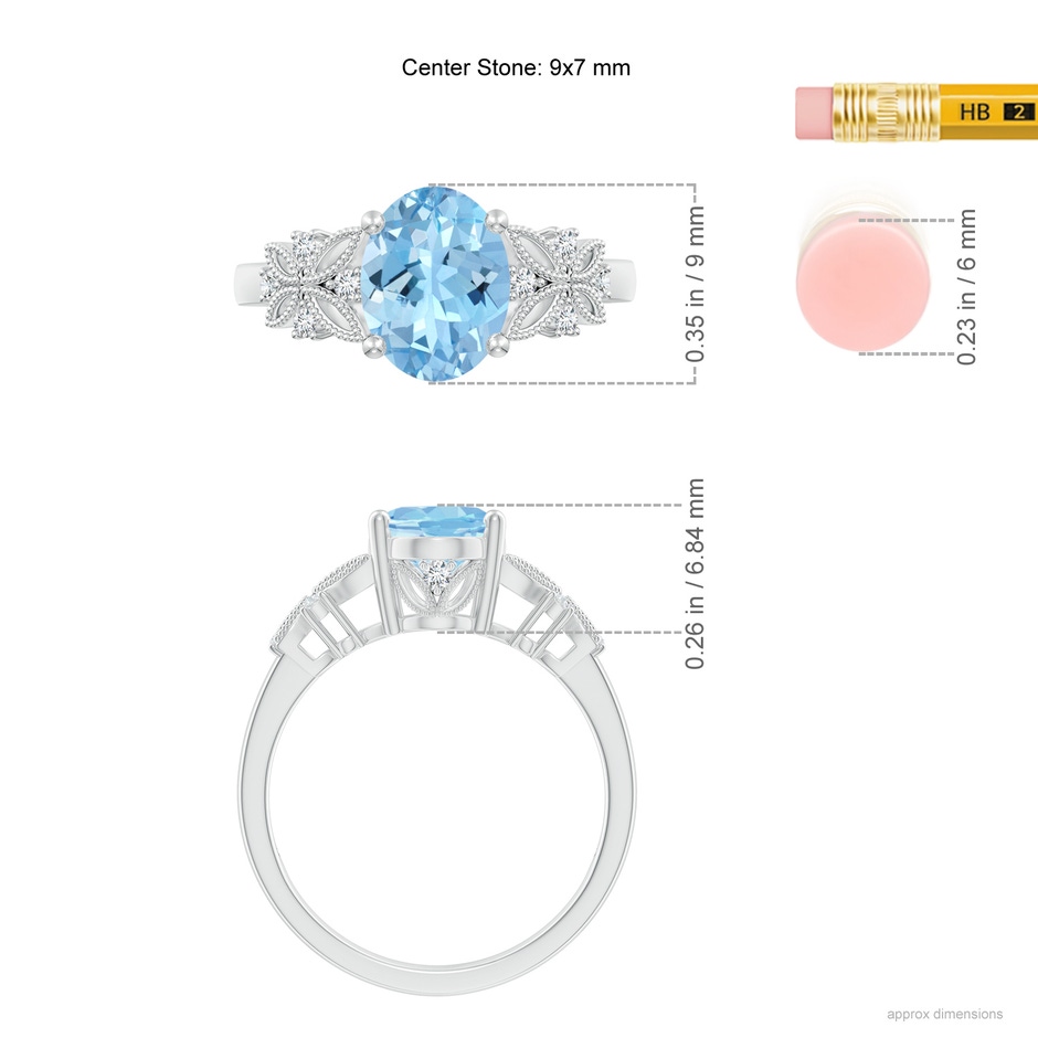 9x7mm AAAA Vintage Style Oval Aquamarine Ring with Diamonds in White Gold Ruler