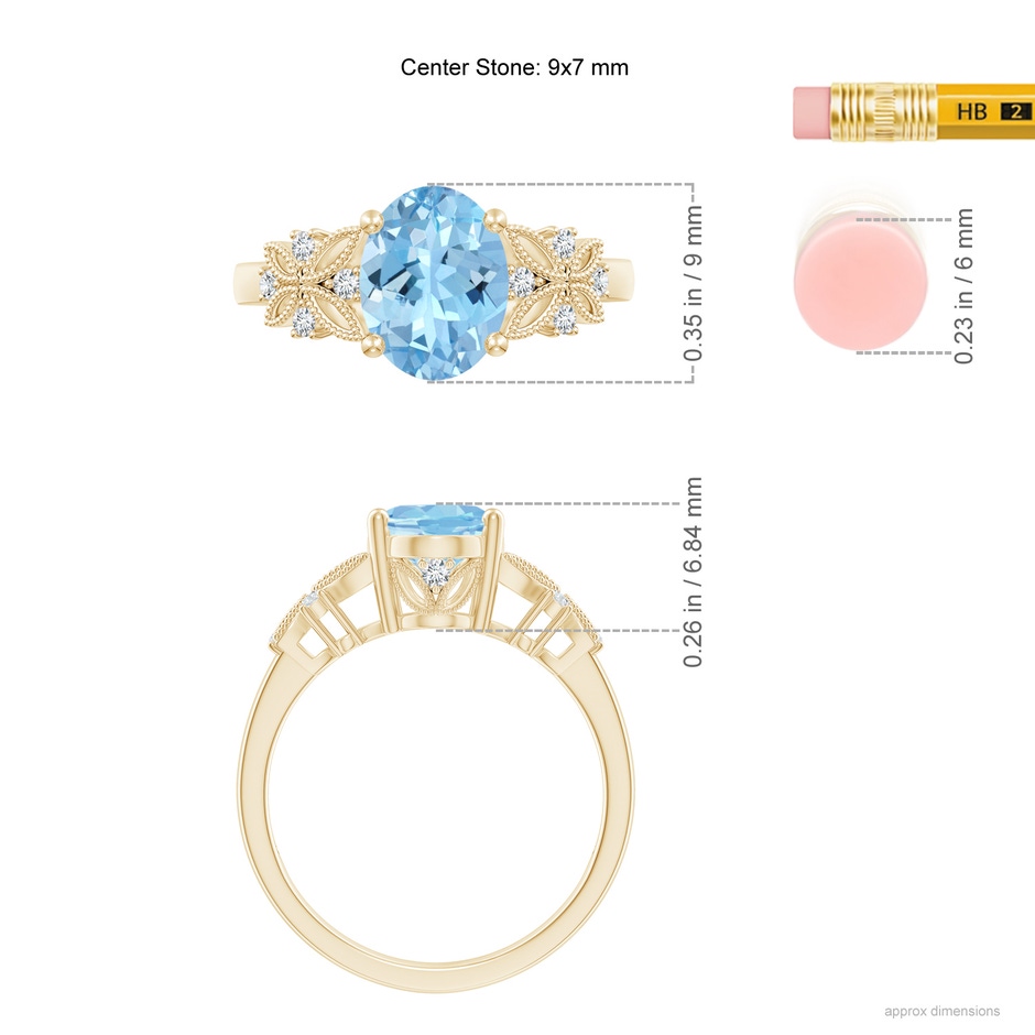 9x7mm AAAA Vintage Style Oval Aquamarine Ring with Diamonds in Yellow Gold ruler
