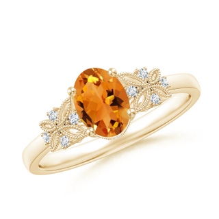 7x5mm AAA Vintage Style Oval Citrine Ring with Diamonds in 9K Yellow Gold