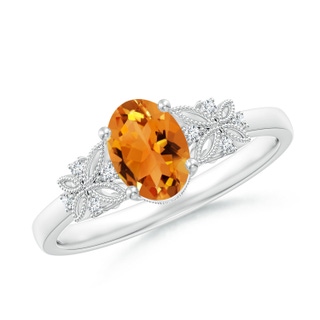 7x5mm AAA Vintage Style Oval Citrine Ring with Diamonds in White Gold