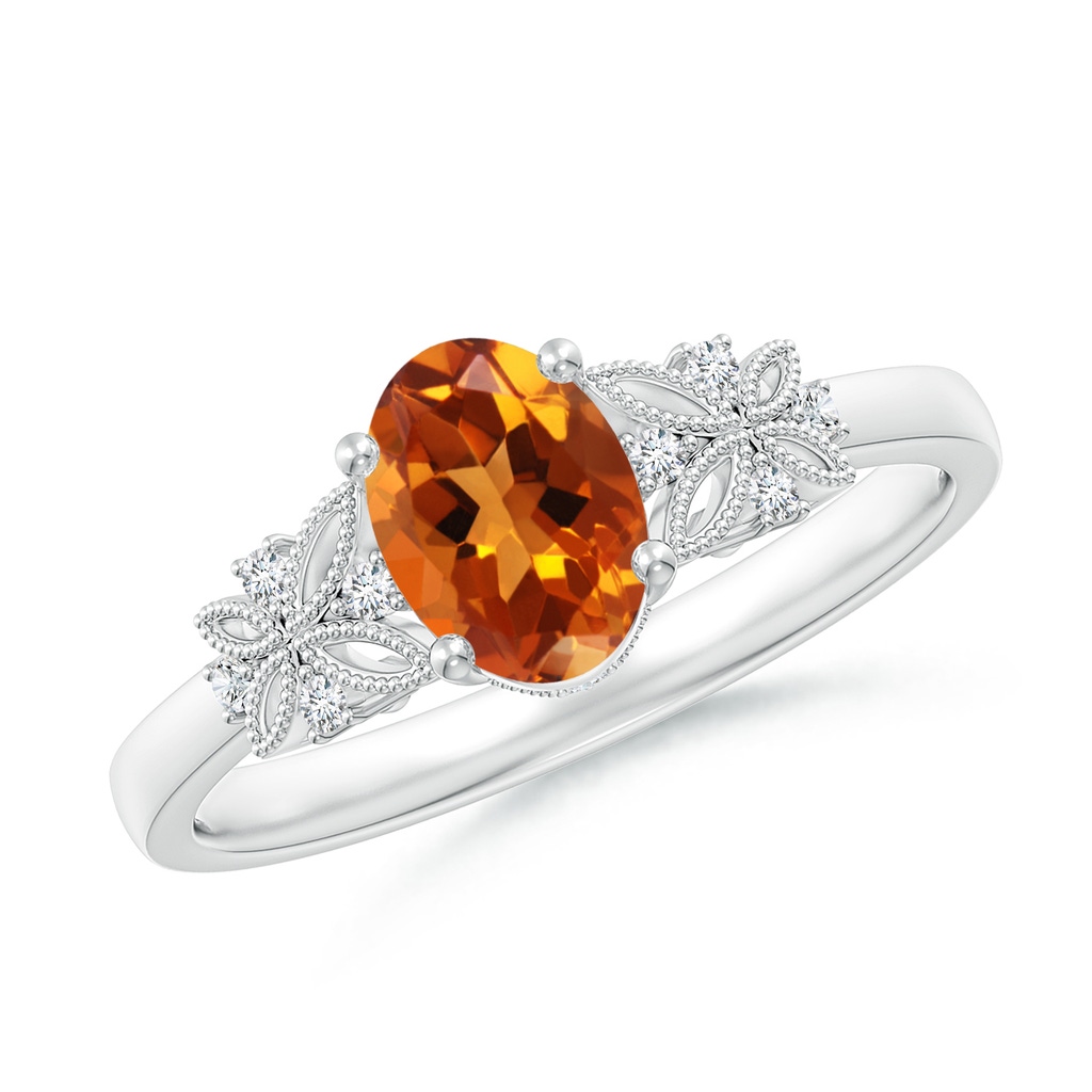 7x5mm AAAA Vintage Style Oval Citrine Ring with Diamonds in White Gold