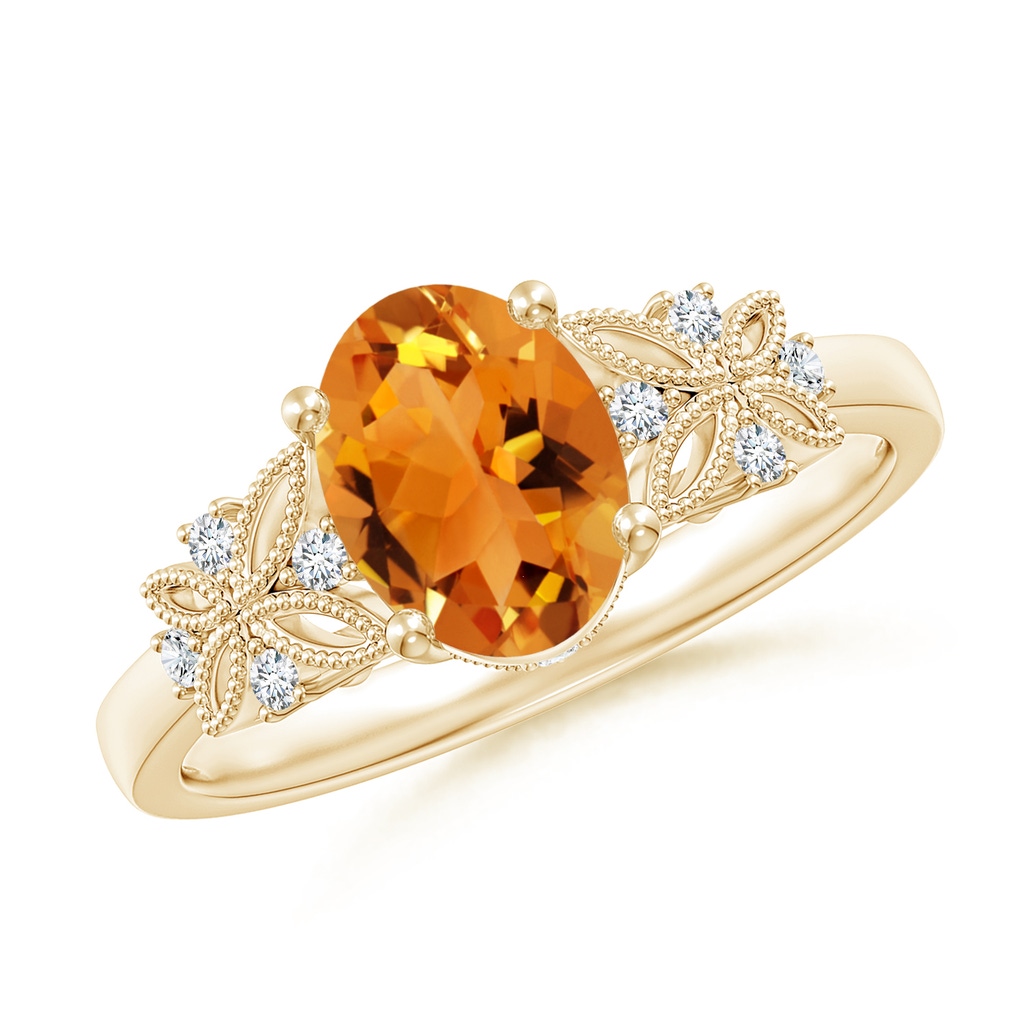 8x6mm AAA Vintage Style Oval Citrine Ring with Diamonds in Yellow Gold