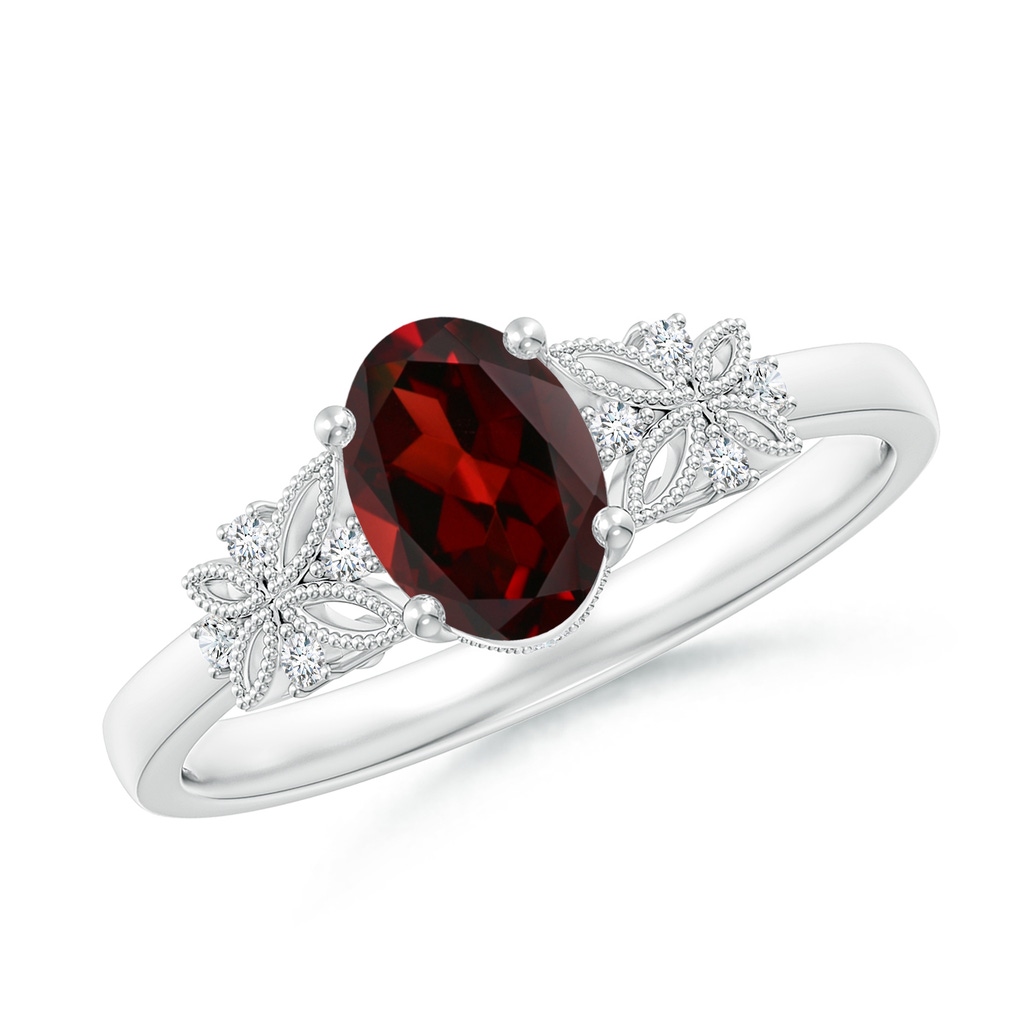 7x5mm AAA Vintage Style Oval Garnet Ring with Diamonds in White Gold