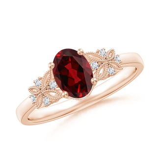 7x5mm AAAA Vintage Style Oval Garnet Ring with Diamonds in Rose Gold