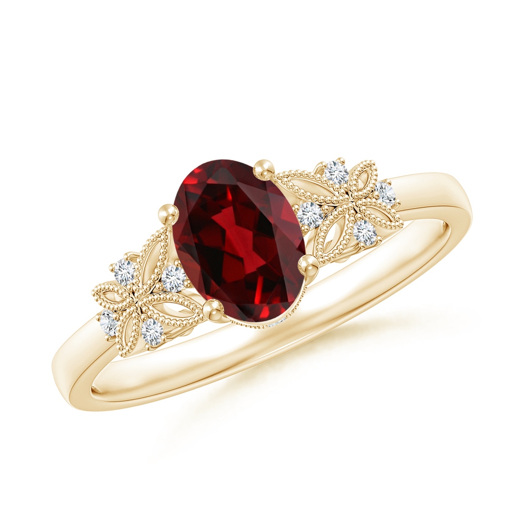 7x5mm AAAA Vintage Style Oval Garnet Ring with Diamonds in Yellow Gold