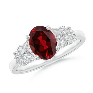 8x6mm AAAA Vintage Style Oval Garnet Ring with Diamonds in White Gold