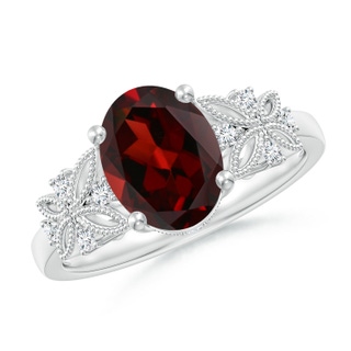 9x7mm AAA Vintage Style Oval Garnet Ring with Diamonds in White Gold