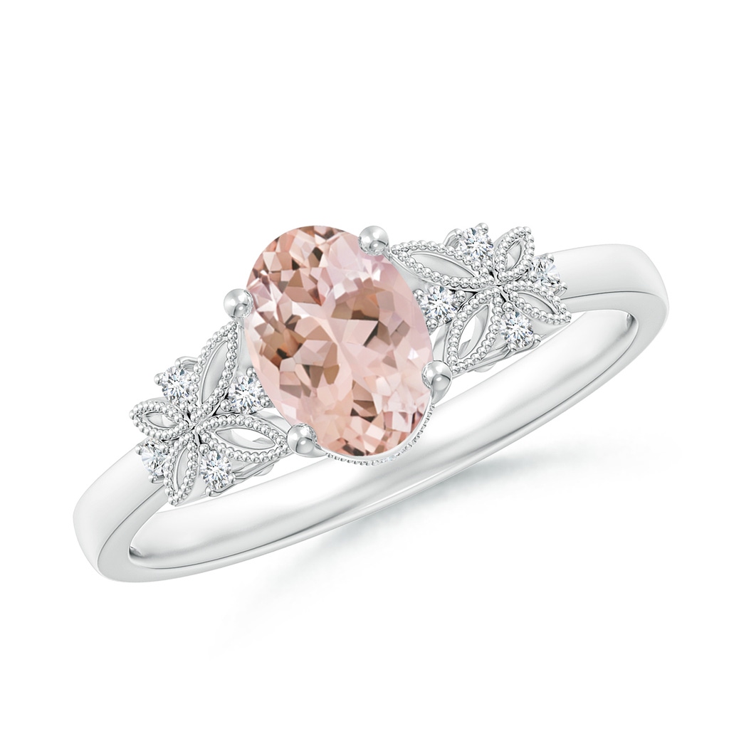 7x5mm AAAA Vintage Style Oval Morganite Ring with Diamonds in White Gold