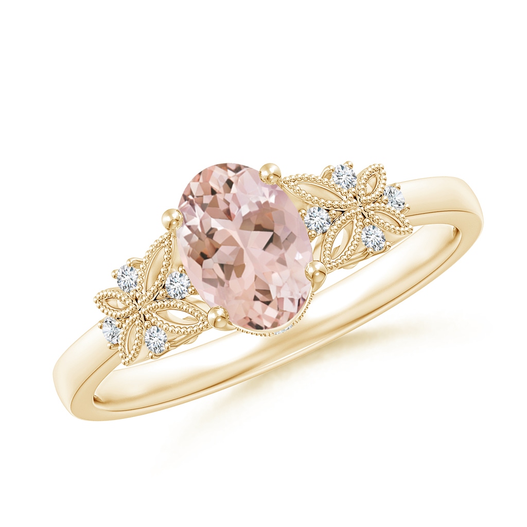 7x5mm AAAA Vintage Style Oval Morganite Ring with Diamonds in Yellow Gold