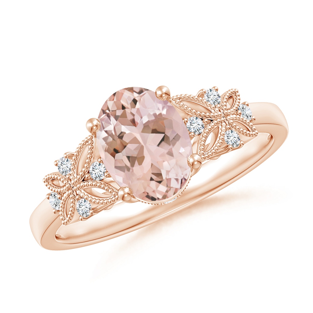 8x6mm AAAA Vintage Style Oval Morganite Ring with Diamonds in Rose Gold