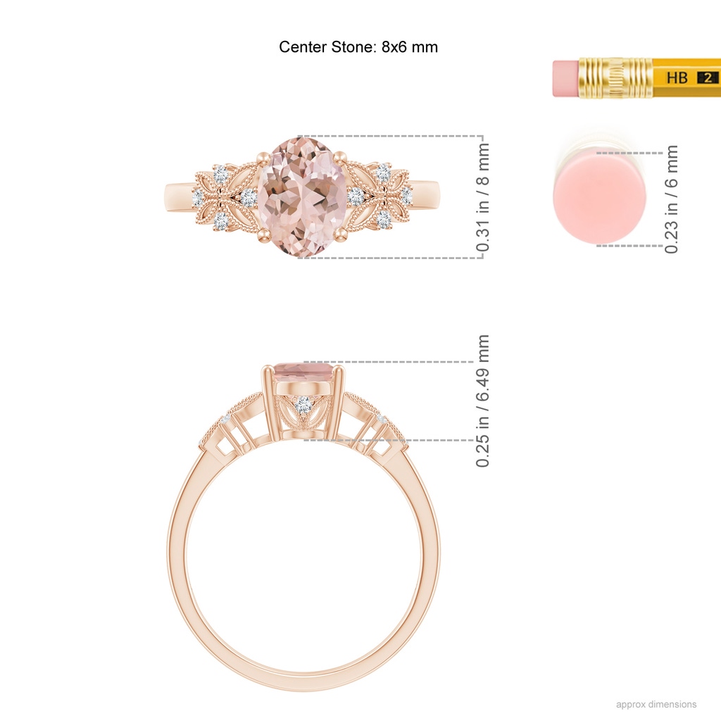 8x6mm AAAA Vintage Style Oval Morganite Ring with Diamonds in Rose Gold Ruler