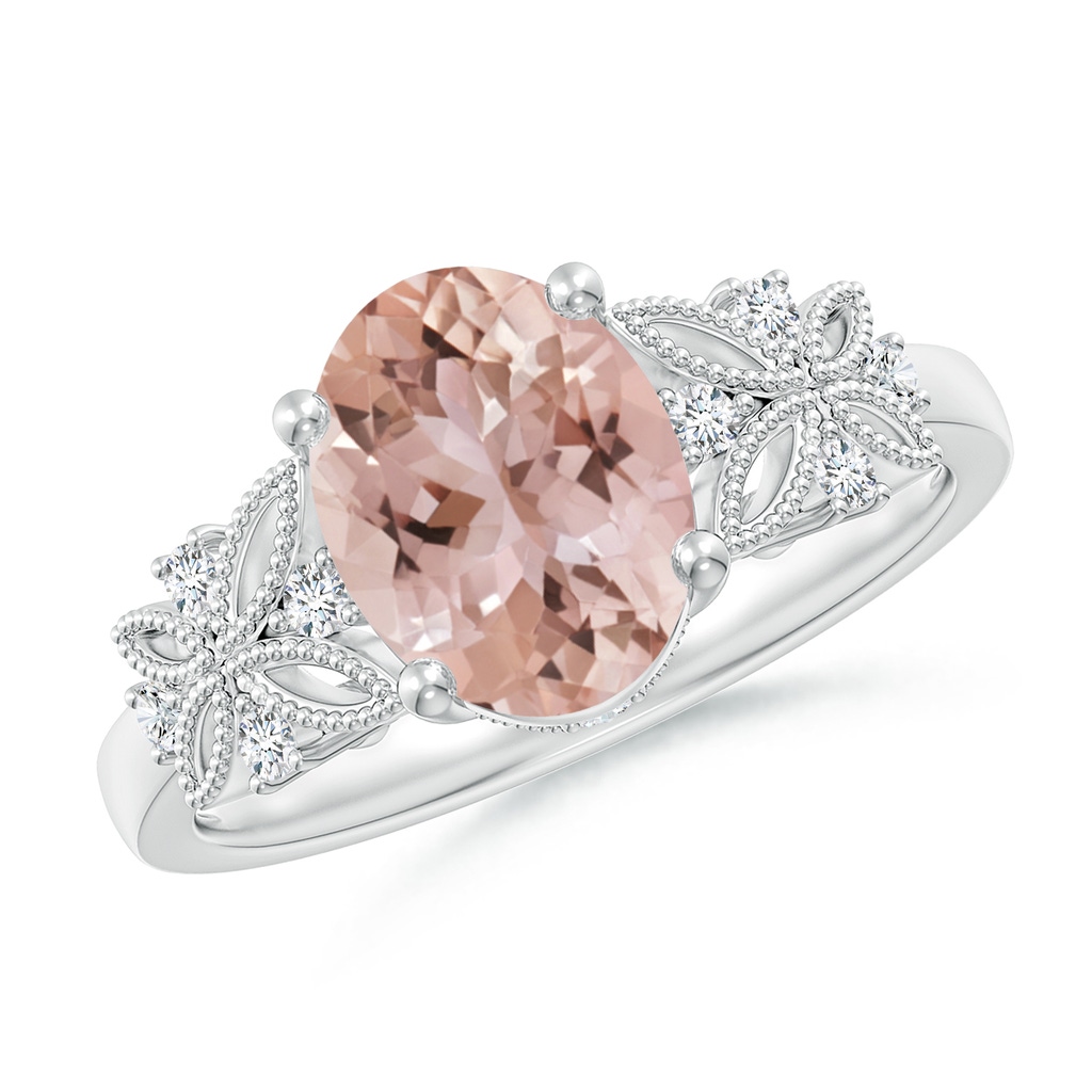 9x7mm AAA Vintage Style Oval Morganite Ring with Diamonds in White Gold