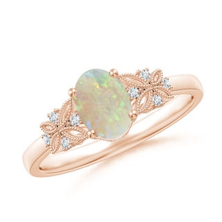 7x5mm AAA Vintage Style Oval Opal Ring with Diamonds in 9K Rose Gold