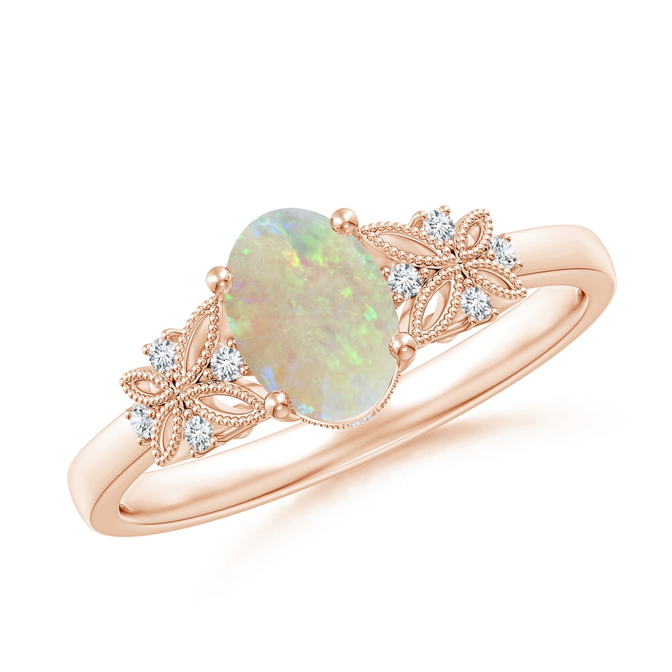 7x5mm AAA Vintage Style Oval Opal Ring with Diamonds in Rose Gold 