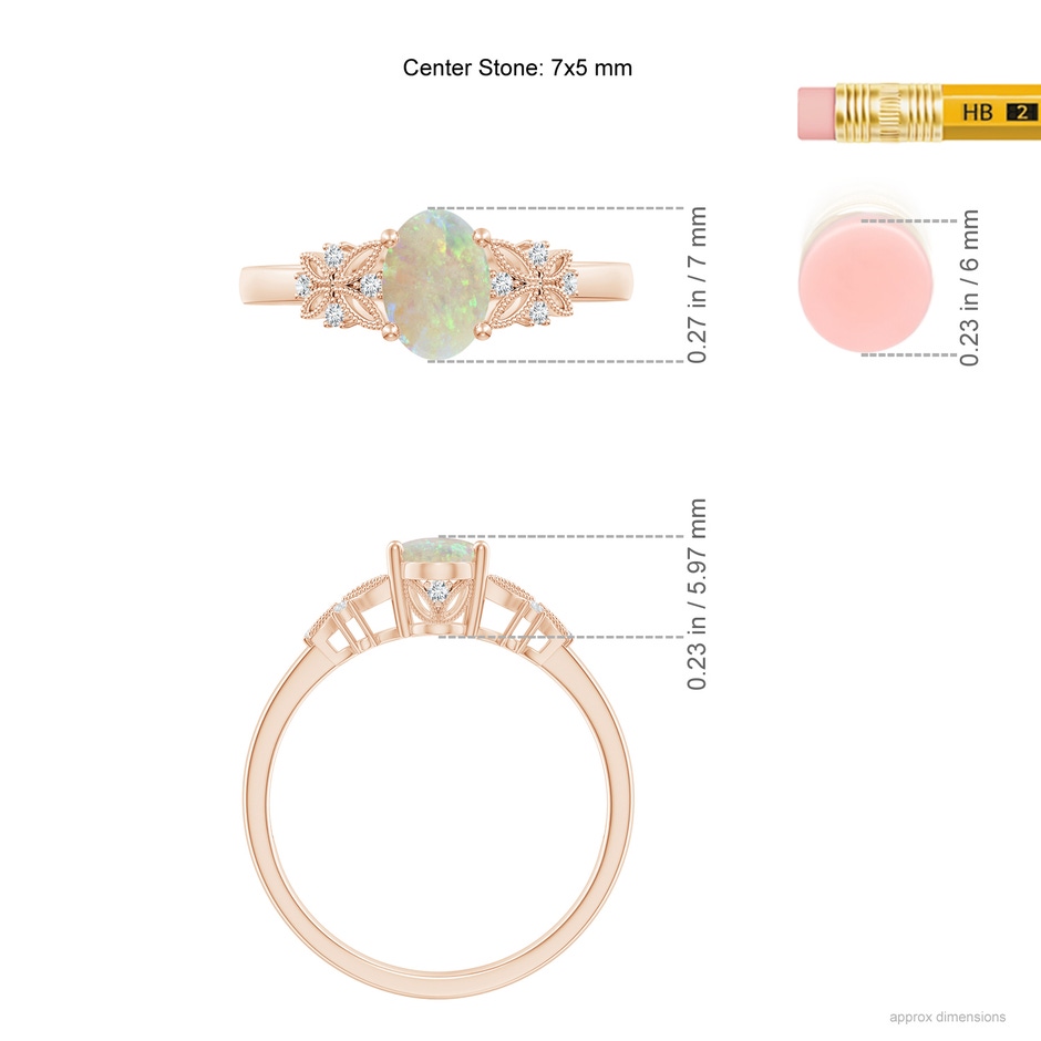 7x5mm AAA Vintage Style Oval Opal Ring with Diamonds in Rose Gold ruler