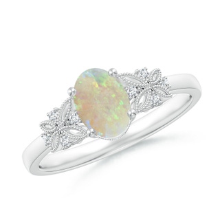 7x5mm AAA Vintage Style Oval Opal Ring with Diamonds in White Gold