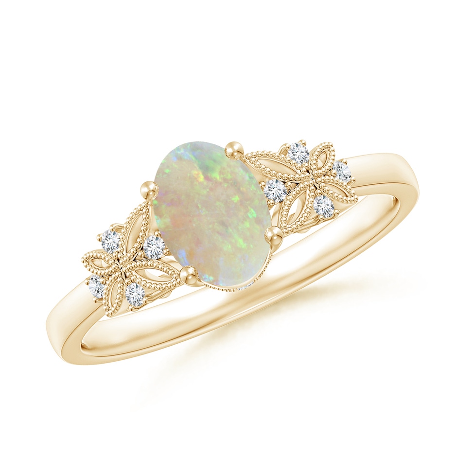 7x5mm AAA Vintage Style Oval Opal Ring with Diamonds in Yellow Gold 