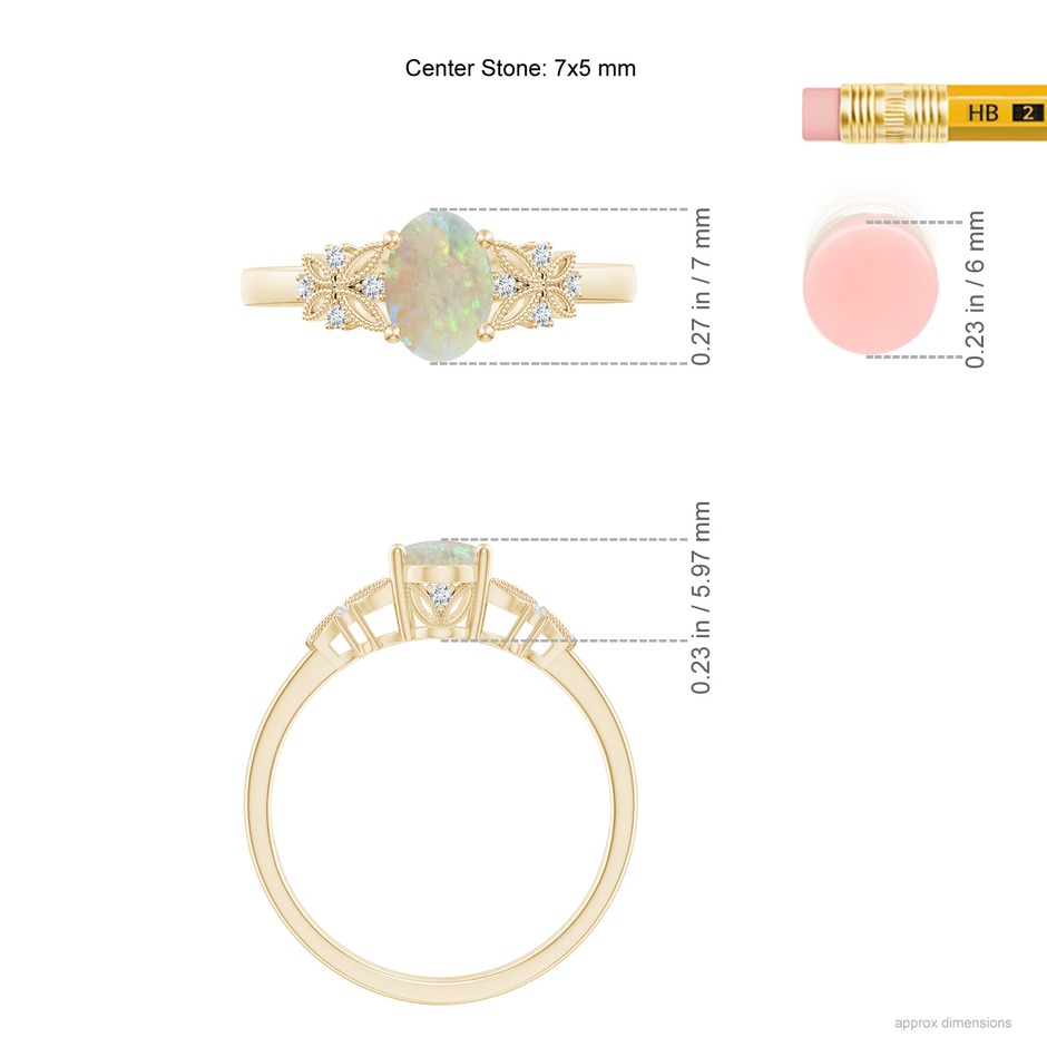 7x5mm AAA Vintage Style Oval Opal Ring with Diamonds in Yellow Gold ruler