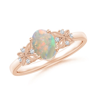 7x5mm AAAA Vintage Style Oval Opal Ring with Diamonds in 9K Rose Gold