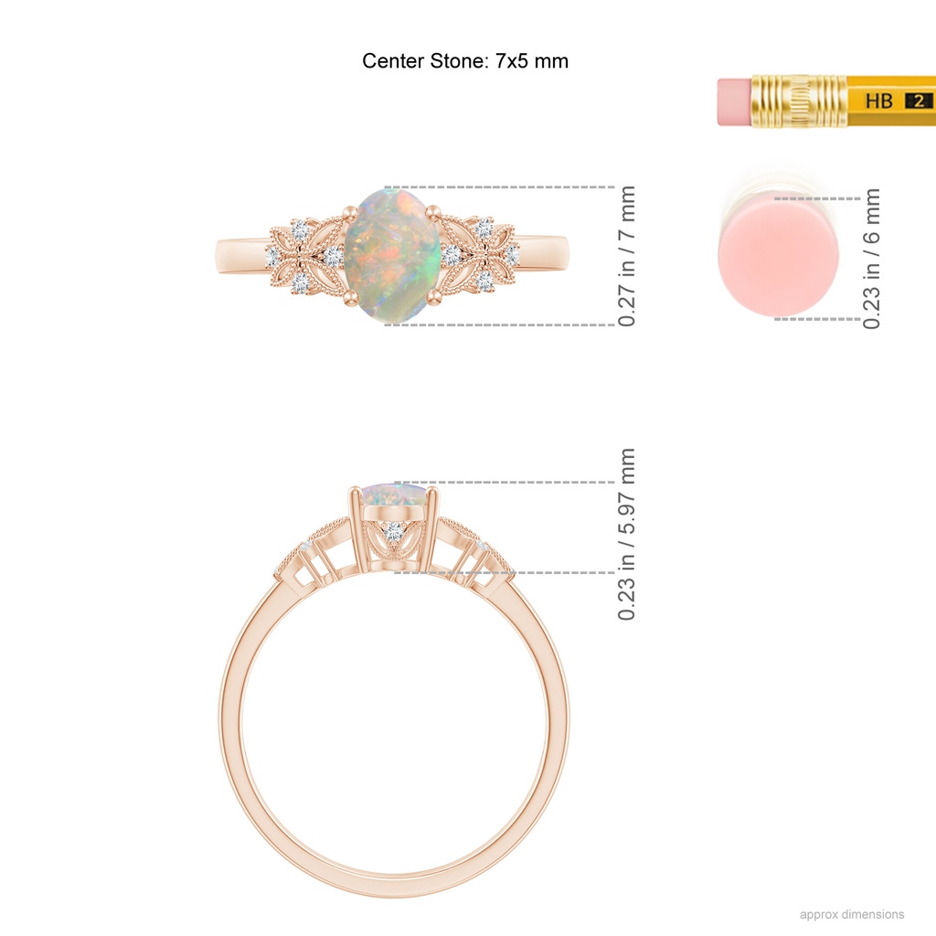 7x5mm AAAA Vintage Style Oval Opal Ring with Diamonds in Rose Gold Ruler