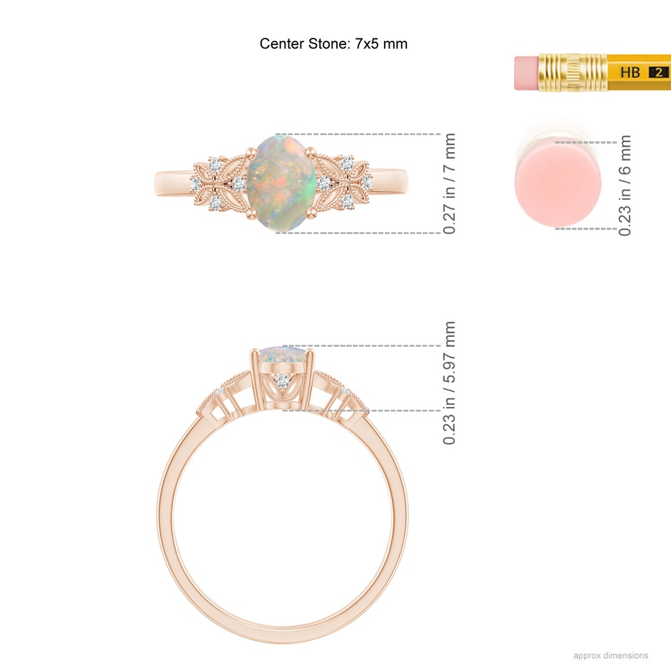7x5mm AAAA Vintage Style Oval Opal Ring with Diamonds in Rose Gold ruler